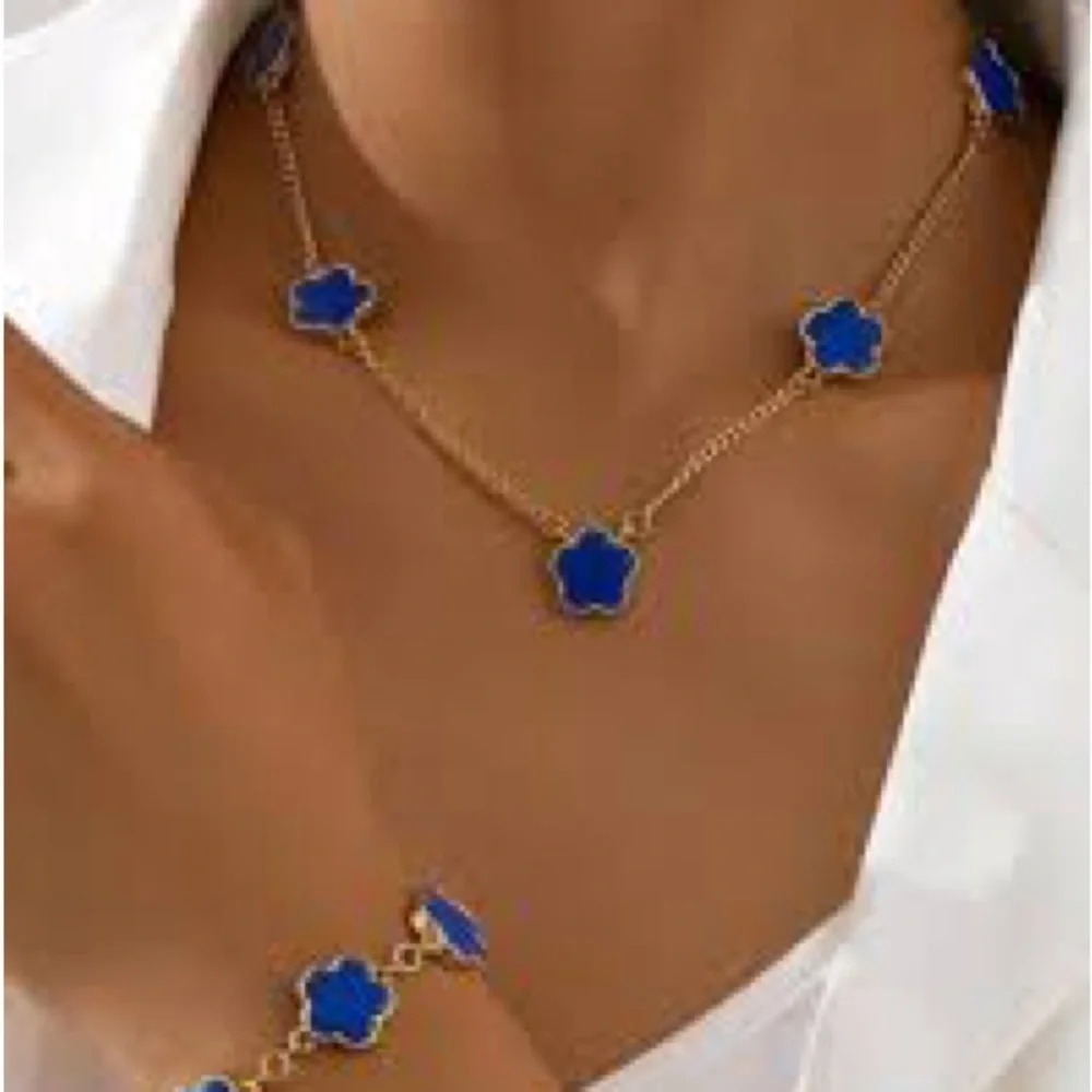 18K Gold Plated blue clover necklace set Jewelry womens
